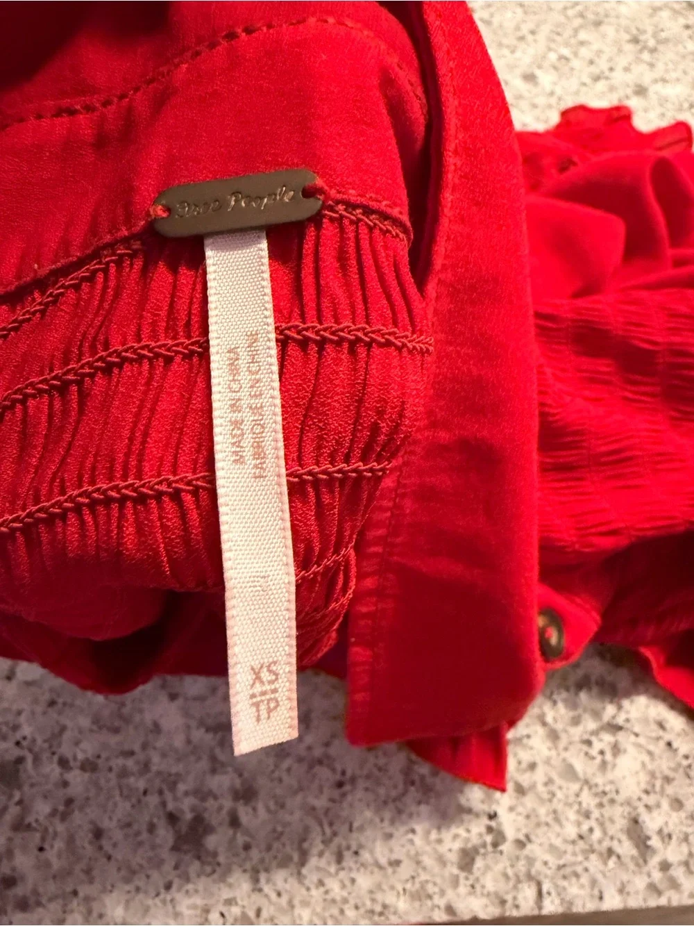 Free People Red Ruched Button-Front Long Sleeve Top